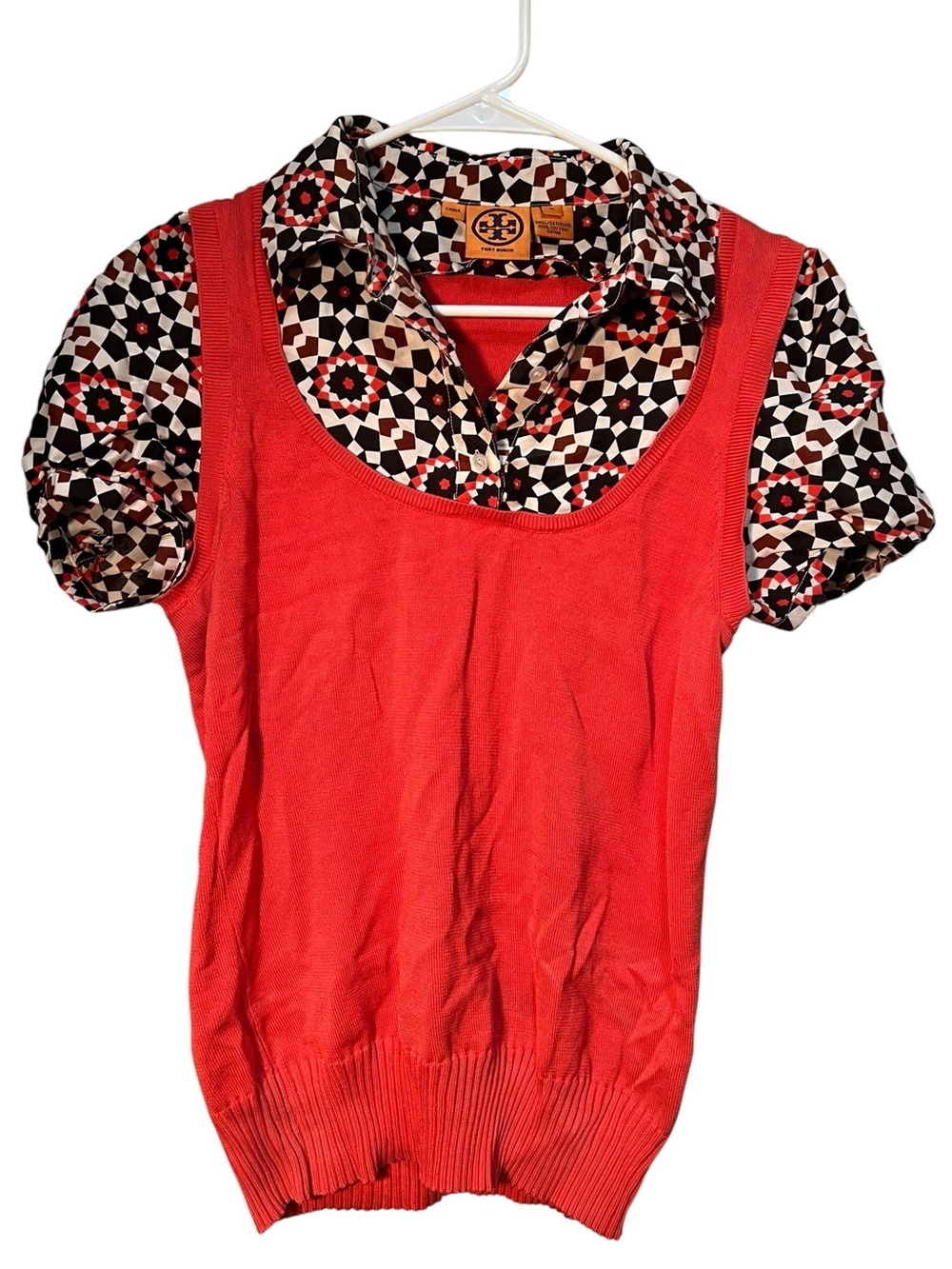 Tory Burch Women's Size Medium Twofer Sweater Blouse Coral Geometric‎ Collared